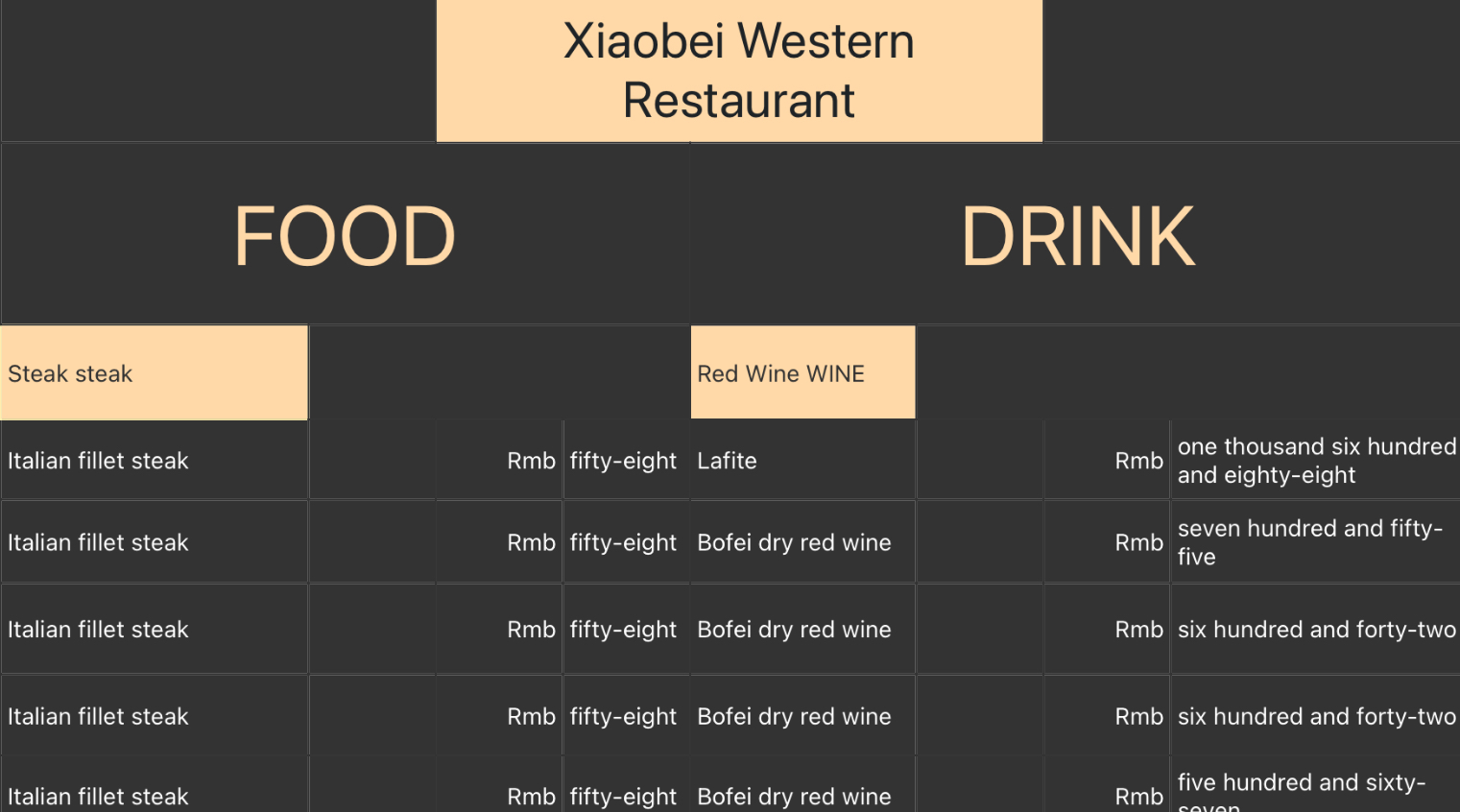 Western restaurant menu 1